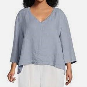 Bryn Walker Lily Blue 100% Linen Top V-Neck 3/4 Flared Sleeve Boxy Hi Low Sz XL